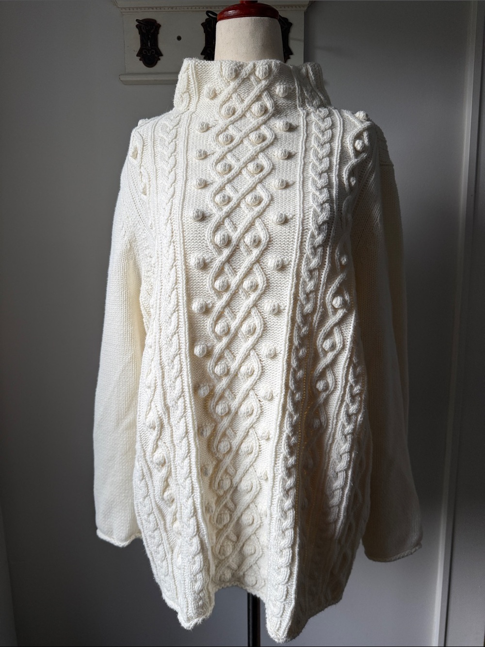 Talbots Cream Cable-Knit Turtleneck Sweater Pompom Classic Mock Neck Plus
